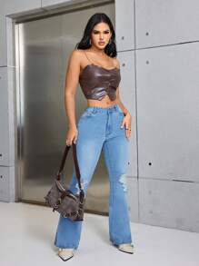 SHEIN SXY Holes & Split Hem Flared Jeans - Blue - View 3