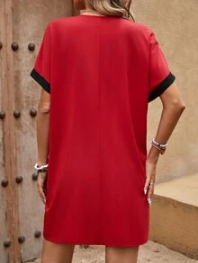 SHEIN LUNE Women's Colorblock Border Batwing Sleeve Dress - Red and Black - View 2