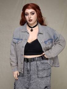 ROMWE PUNK 大尺碼女式復古下垂肩牛仔外套 - 棕色 - 查看 4