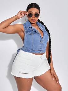 SHEIN SXY Chaleco De Mezclilla De Talla Grande Para Mujer Con Cuello De Solapa - Azul lavado medio - Ver 6