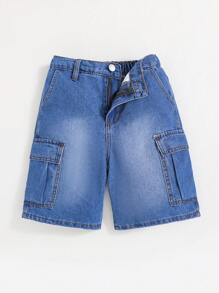 SHEIN 男童常規版型中腰拼色牛仔短褲(無鬆緊腰帶) - 藍色 - 查看 1