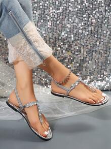 Women's Flat Sandals, Rhinestone T-Strap Bohemia Flip Flops Beach Thong Shoes, Sliver Valentines