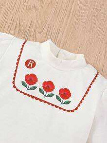 Baby Girls' Floral And Letter Printed Stand-Up Collar Sweatshirt And Flared Pants Set, Winter - White - View 7