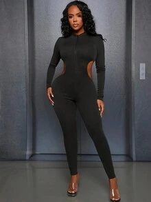 Slaydiva Bộ áo liền quần Bodycon có khóa kéo nửa túi rỗng có eo cao - màu đen - Xem 4