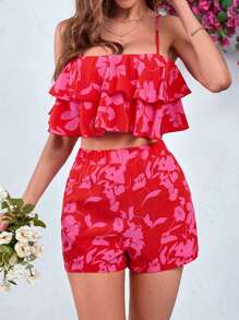 SHEIN VCAY Women's Floral Print Casual Two-Piece Set - Red - View 5