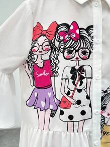 SHEIN 少女街頭風漫畫印花寬鬆短袖襯衫裙,適用於春夏季節 - 白色 - 查看 6