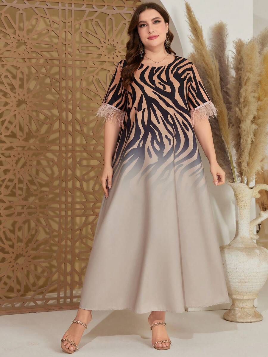 Al Najma Plus Size Zebra Stripe & Gradient Color Printed Fringed Sleeve Hem Dress - Multicolor - View 1