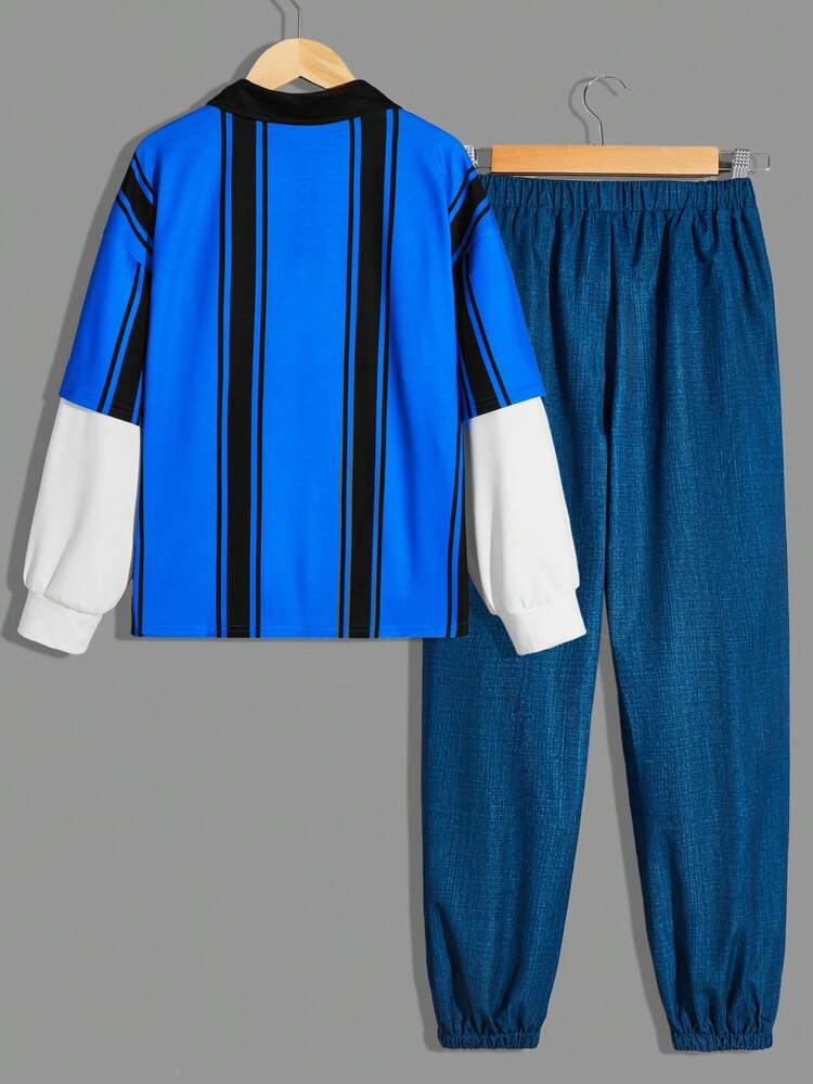 Tween Boy Casual Striped Letter Print 2 In 1 Leaf   Effect Bottoms Two-Piece Set