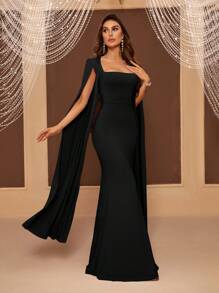 SHEIN Belle Adult Bridesmaid Dress With Split Sleeves, Square Neckline, Cinched Waist And Fish Tail Dress Black Elegant Extra Long Sleeve Formal Evening Prom Wedding Guest Gown, For Graduation, Dinner Party Dress - Black - View 6