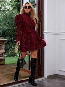 SHEIN Privé Women's Plaid Leg-Of-Mutton Sleeve With Waist Belt Dress - Red - View 1