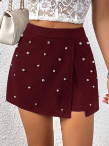 SHEIN Privé Women's Pearl Decor Wrap Skorts - Burgundy - View 1