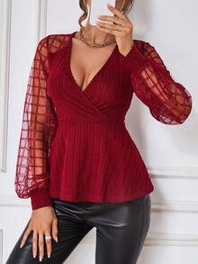 SHEIN Clasi 格紋網紗燈籠袖肋編針織上衣 - 酒紅色 - 查看 5