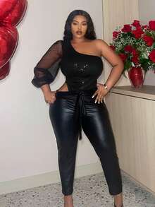 Slaydiva 大尺碼單肩閃亮亮片拼接透明網紗連身衣,單色款式 - 黑色 - 查看 5