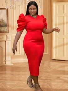 Plus Puff Sleeve Split Back Bodycon Dress - Red - View 2