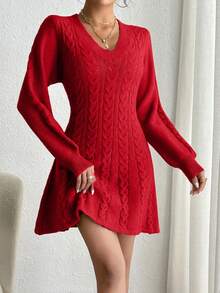 SHEIN Privé Women's Solid Color Lantern Sleeve Knitted Sweater Dress - Red - View 5