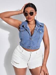 SHEIN SXY Chaleco De Mezclilla De Talla Grande Para Mujer Con Cuello De Solapa - Azul lavado medio - Ver 7