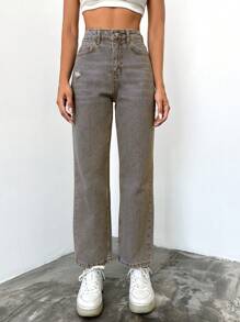 EURMUSE Women'S Straight-Leg Jeans With Washed Denim - Grey - View 3