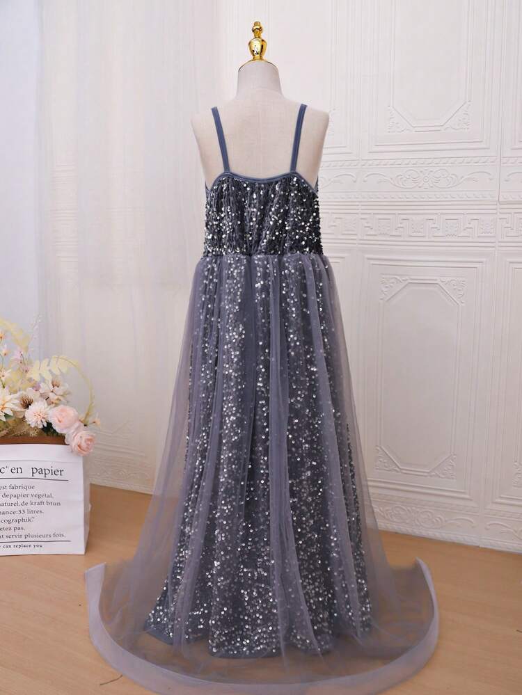 Tween Girls' Gorgeous And Elegant Gray Sleeveless Formal Dress, Suitable For Occasions Such As Parties, Birthdays, And Performances, Autumn