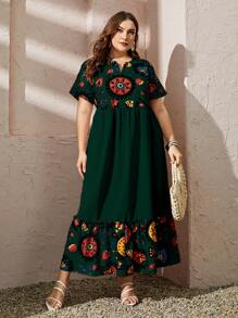 Al Najma Plus Size Random Printed Short Sleeve Dress Maxi Women Outfit - Dark Green - View 3