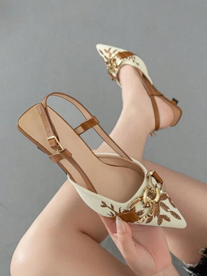 Fall/Winter 2025 Women's Chain & Floral Embroidery Pointed Toe High Heel Pumps, Stylish & Comfortable, Suitable For Party, Wedding, Formal Occasions, Holiday Celebrations, Commuting, Brown,Elegant,Kitten Heels
