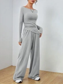 SHEIN EZwear Dệt kim Của phụ nữ Tay áo dài Áo thun Và Quần Bộ - Màu Xám nhạt - Xem 3