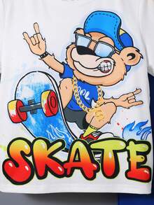 男童 2 件套 男童舒适休闲字母拼贴 T 恤和字母印花工装裤，适合春夏季 - 白色 - 查看 5