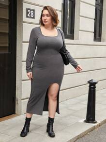 SHEIN Essnce Women's Plus Size Square Neck Side Slit Hem Dress
