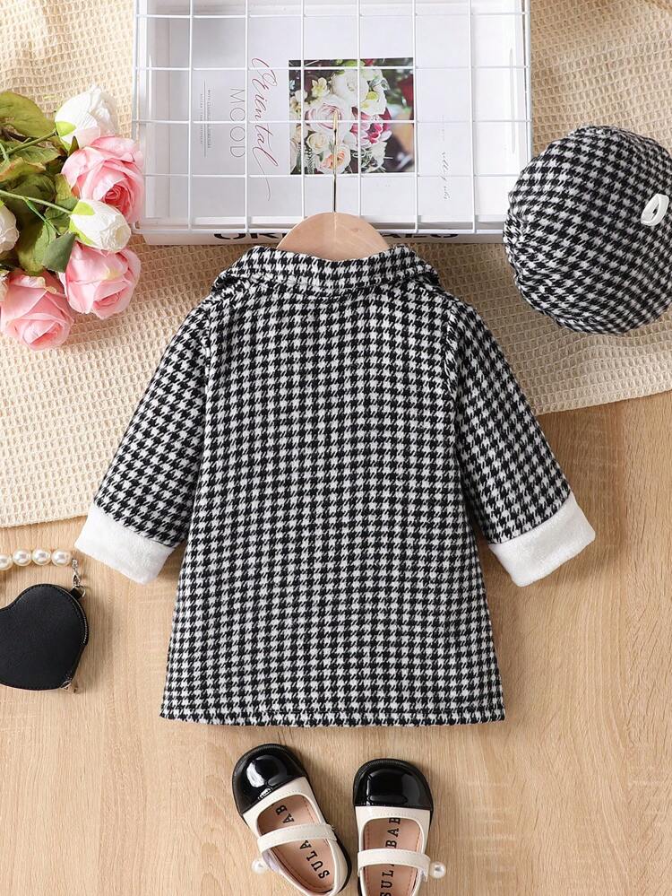Baby Girl Simple And Elegant Long Sleeve Warm Houndstooth Woolen Coat