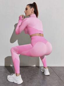 SHEIN Yoga Futuristic 2pcs Gym Outfits Set Workout Suit Zip Up Thumb & Sports Jacket Wide Waistband Tights Fit Set Workout Women Set - Pink - View 1