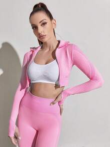 SHEIN Yoga Futuristic 2pcs Gym Outfits Set Workout Suit Zip Up Thumb & Sports Jacket Wide Waistband Tights Fit Set Workout Women Set - Pink - View 5