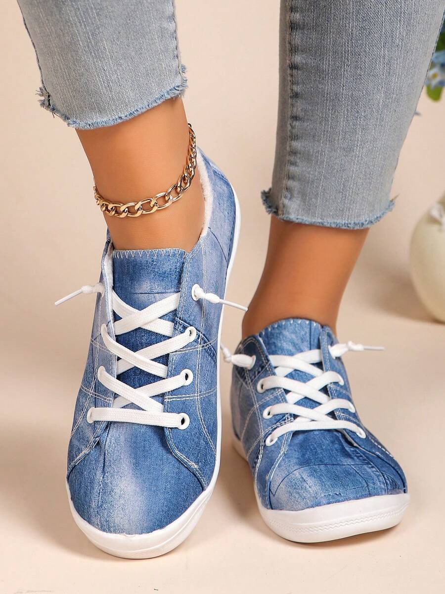 女士新款休閒輕便舒適的圓頭系帶平底運動鞋 - 藍色 - 查看 1