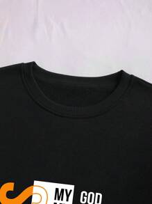 SHEIN EZwear Women's Round Neck Sweatshirt With Letter Print - Black - View 5