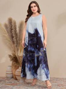 Al Najma Plus Size Marble Print Dress And Solid Color Coat Two Pieces Set 2 Pieces Set - Multicolor - View 6