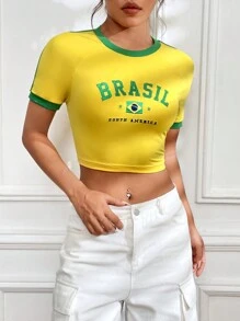 SHEIN EZwear Camiseta Bordada De Estilo Brasileño Con Combinación De Colores