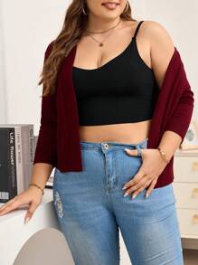 AAmilife Plus Size Solid Color 3/4 Sleeve Cardigan - Burgundy - View 5