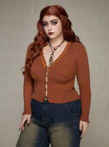 ROMWE PUNK Plus Size Lace Embellished Long Sleeve Cardigan - Coffee Brown - View 3