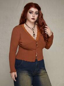 ROMWE PUNK Plus Size Lace Embellished Long Sleeve Cardigan - Coffee Brown - View 4