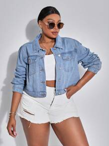 SHEIN SXY 大尺碼女士無彈力牛仔外套,修身百搭 - 藍色 - 查看 6