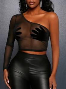 Slaydiva Hand-Printed Mesh See-Through Oblique Shoulder Strap Top - Black - View 2