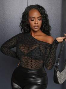 Slaydiva 1件不對稱領口透視上衣 - 黑色 - 查看 3