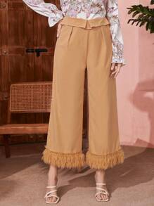 Seusyu Women'S High-Waisted Folded Waistband Frayed Hem Wide Leg Pants Fall Cloth For Women - Yellow - View 4