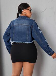 SHEIN SXY Kích thước lớn Của phụ nữ Ngắn Áo khoác denim Với Frayed Hem - Rửa tối - Xem 2