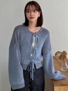 FRIFUL 女士罗纹针织系带开衫、长袖上衣 - 藍色 - 查看 4