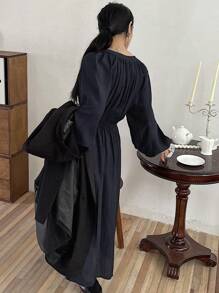 DAZY Notched Neckline Lantern Sleeve Dress - Navy Blue - View 4