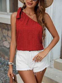Breezaya Blusa sin mangas de un hombro para ropa de Año Nuevo de mujer - Rojo - Ver 1