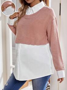 SHEIN Maternity Color Block Drop Shoulder Nursing Top - Pink - View 1