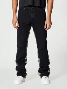 SUMWON Flare Fit Workwear Jean With All Over Print Panel - Black - View 2