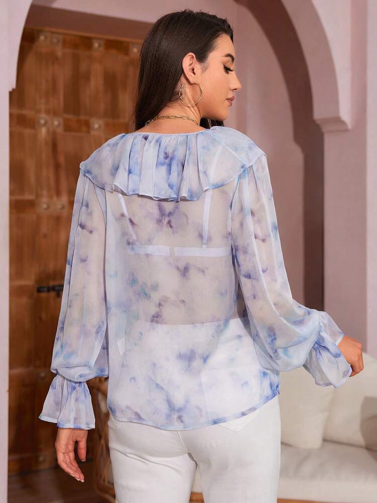 Tie-Dye Sheer Top With Ruffle Trim