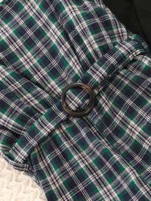 SHEIN Tween Girls' Round Neck Long Sleeve T-Shirt, College Style Plaid Jumpsuit & Hat Set, Autumn/Winter - Green - View 7