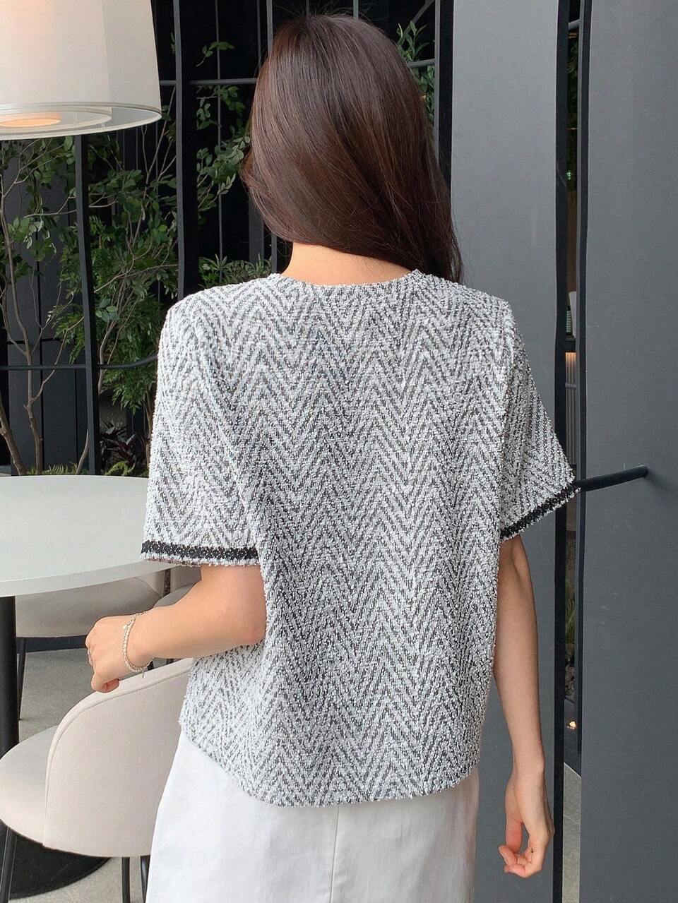 Women's Embroidered Patchwork Herringbone T-Shirt